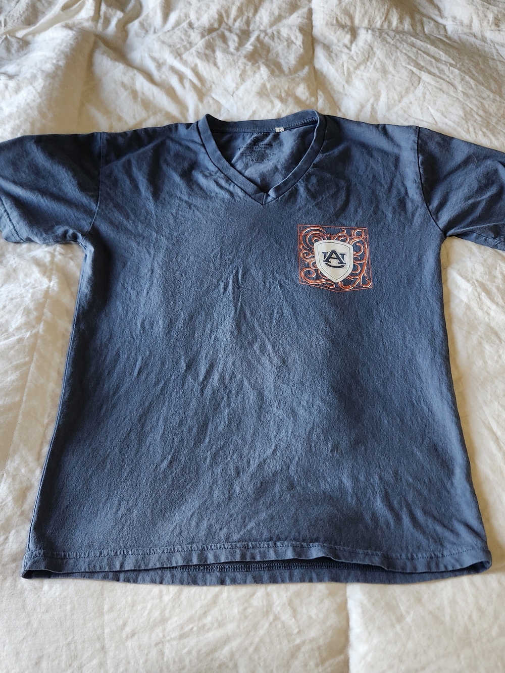 Navy V-Neck Short Sleeve Tee with Embroidered Crest